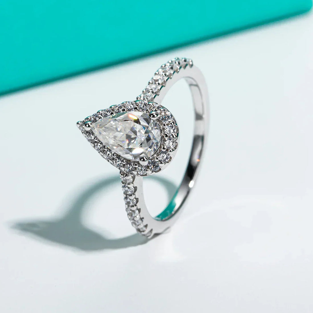 1CT Pear Cut Moissanite Halo Engagement Wedding Ring