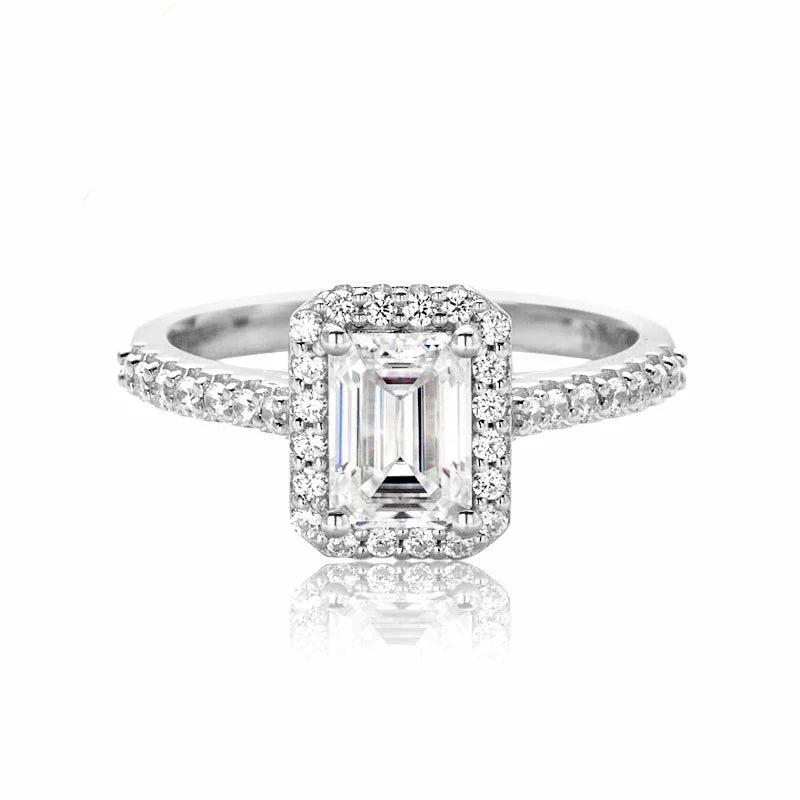 1 Carat Emerald Cut Moissanite Halo Engagement Wedding Ring