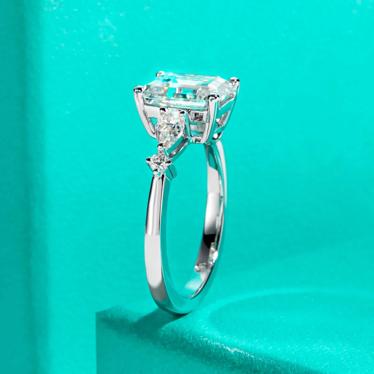 3CT Emerald Cut & 0.3CT Pear Cut Moissanite Engagement