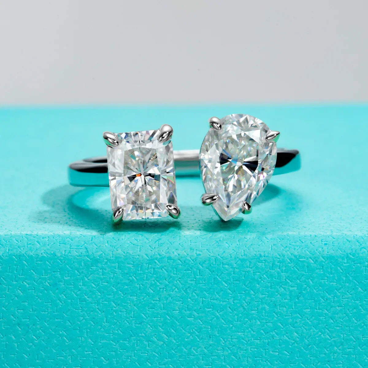 4.5 CTTW Radiant & Pear Cut Twins Moissanite Engagement Ring