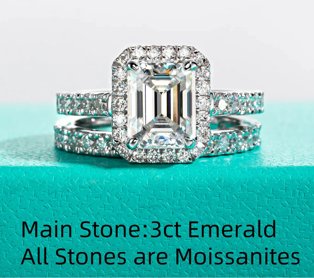 3CT Emerald Cut Moissanite Halo Bridal Ring Set