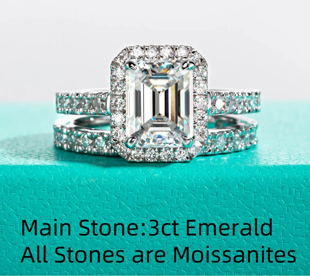 3CT Emerald Cut Moissanite Halo Bridal Ring Set