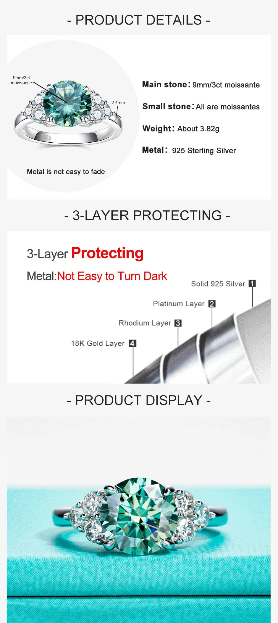 3 CT Round Cut Green Stone Moissanite Engagement Ring