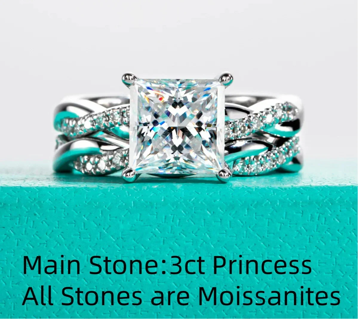 3CT Princess Cut Moissanite Engagement Bridal Ring Set