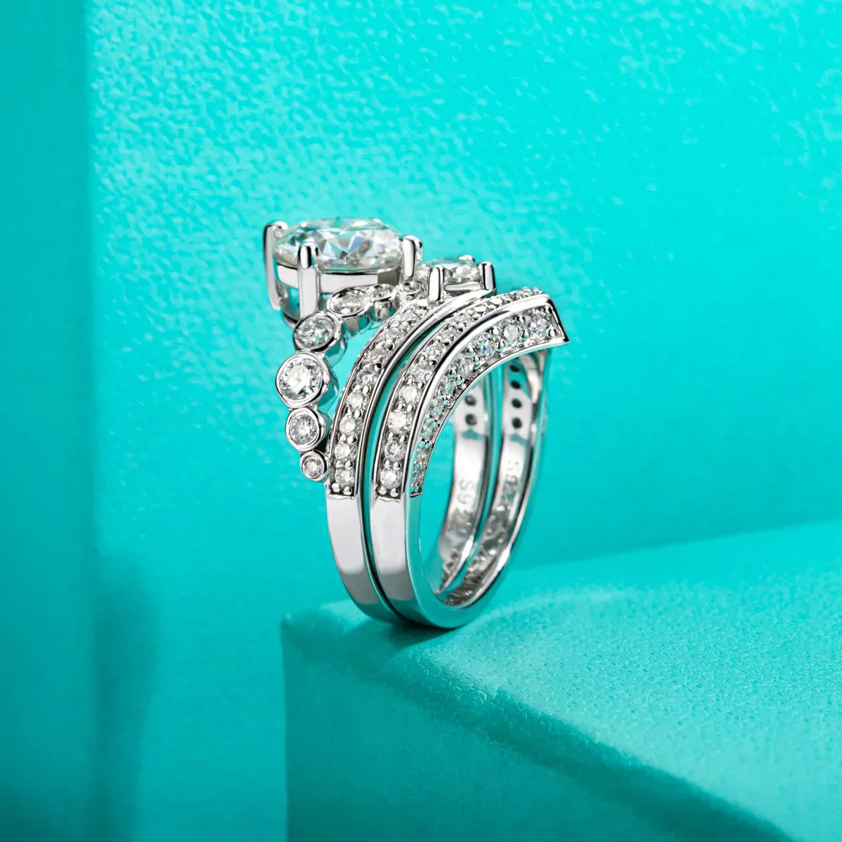 3CT Round Cut Moissanite Engagement Ring Set