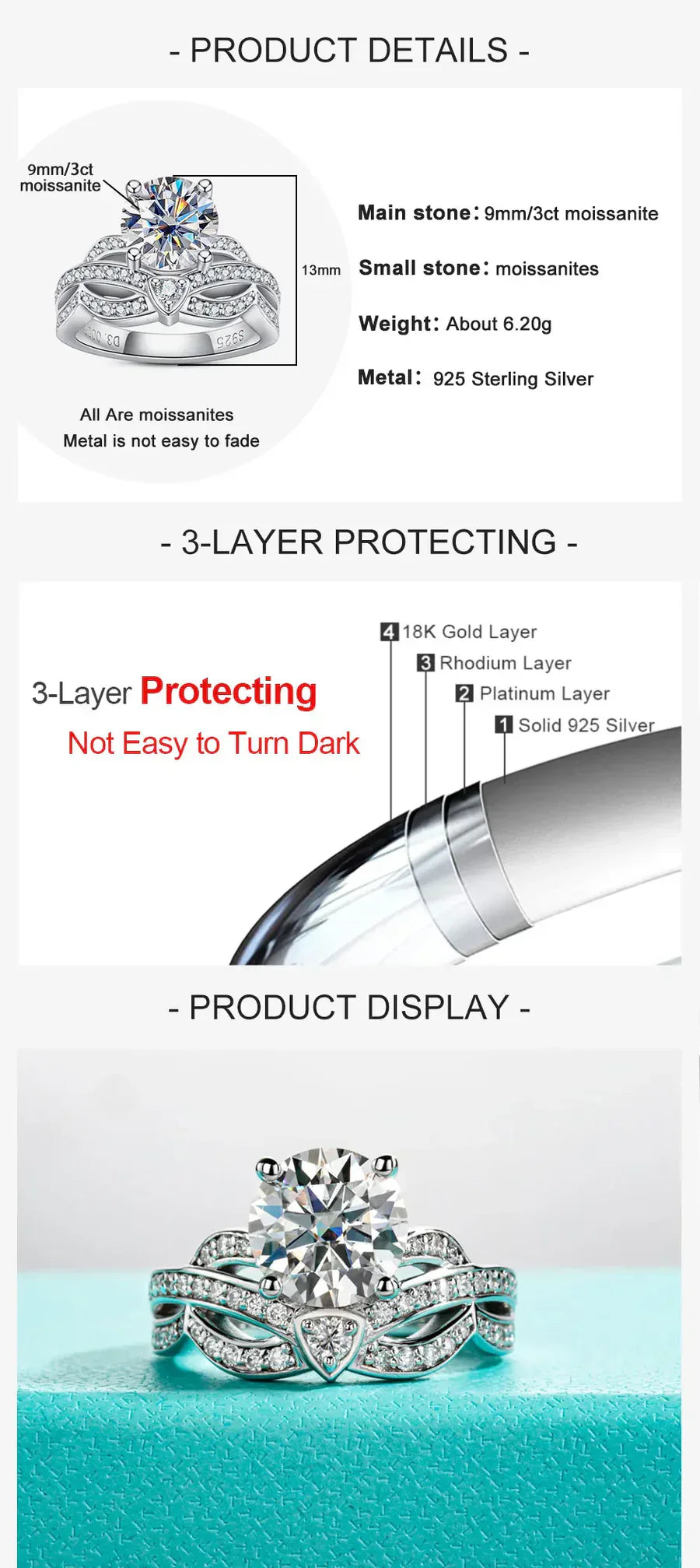 3CT Round Cut Moissanite Engagement Ring Set