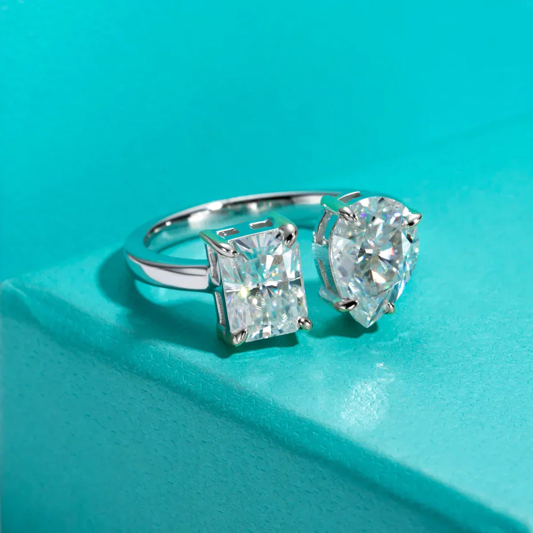 4.5 CTTW Radiant & Pear Cut Twins Moissanite Engagement Ring