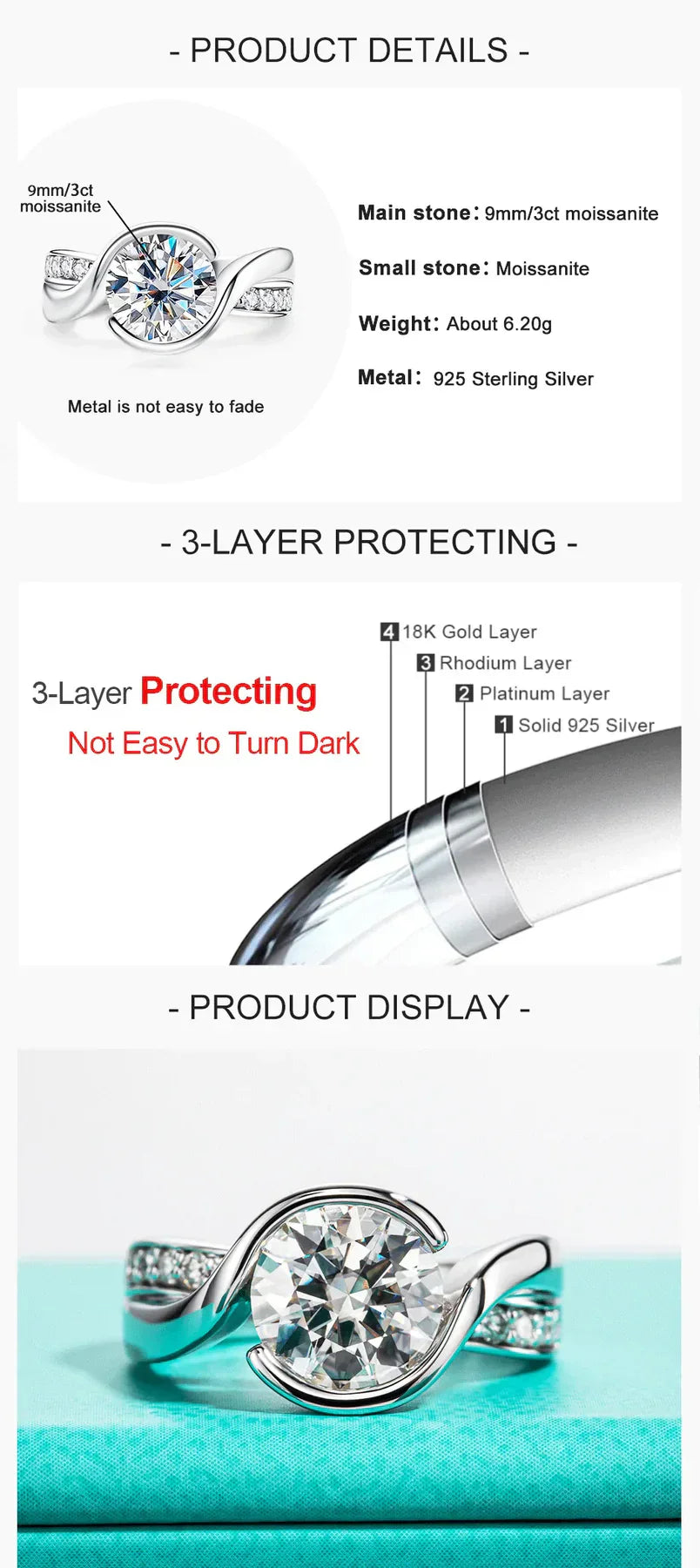 3CT Round Cut Moissanite Ceramic Band Engagement Ring