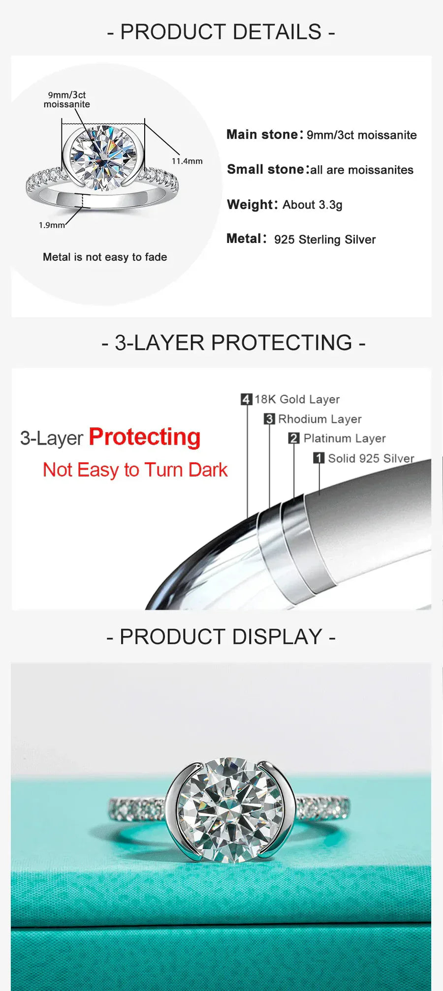 3CT D Color Moissanite Engagement Ring