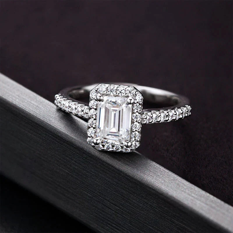 1 Carat Emerald Cut Moissanite Halo Engagement Wedding Ring