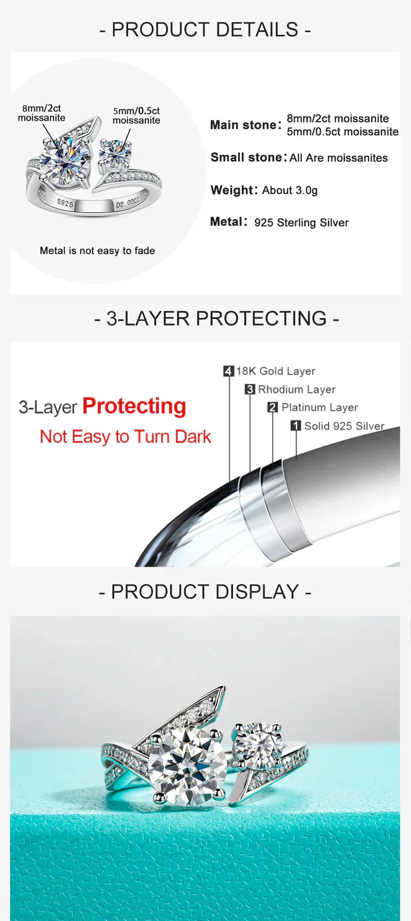 2 CT Moissanite Engagement Adjustable Ring