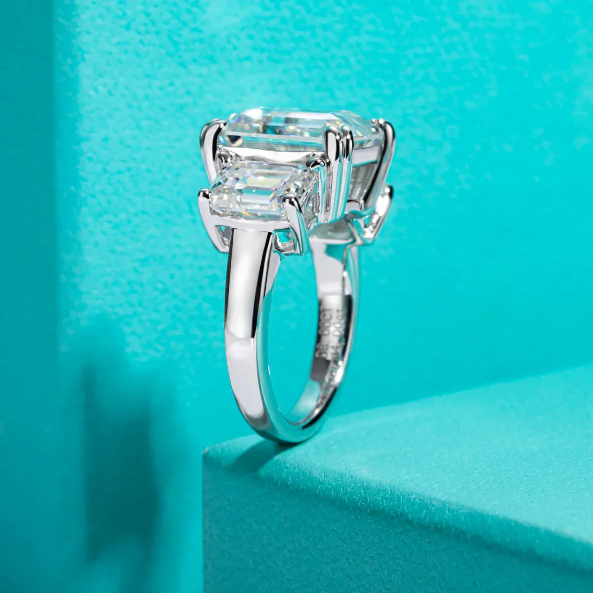 12 CTTW 3 Stone Emerald Cut Moissanite Engagement Ring