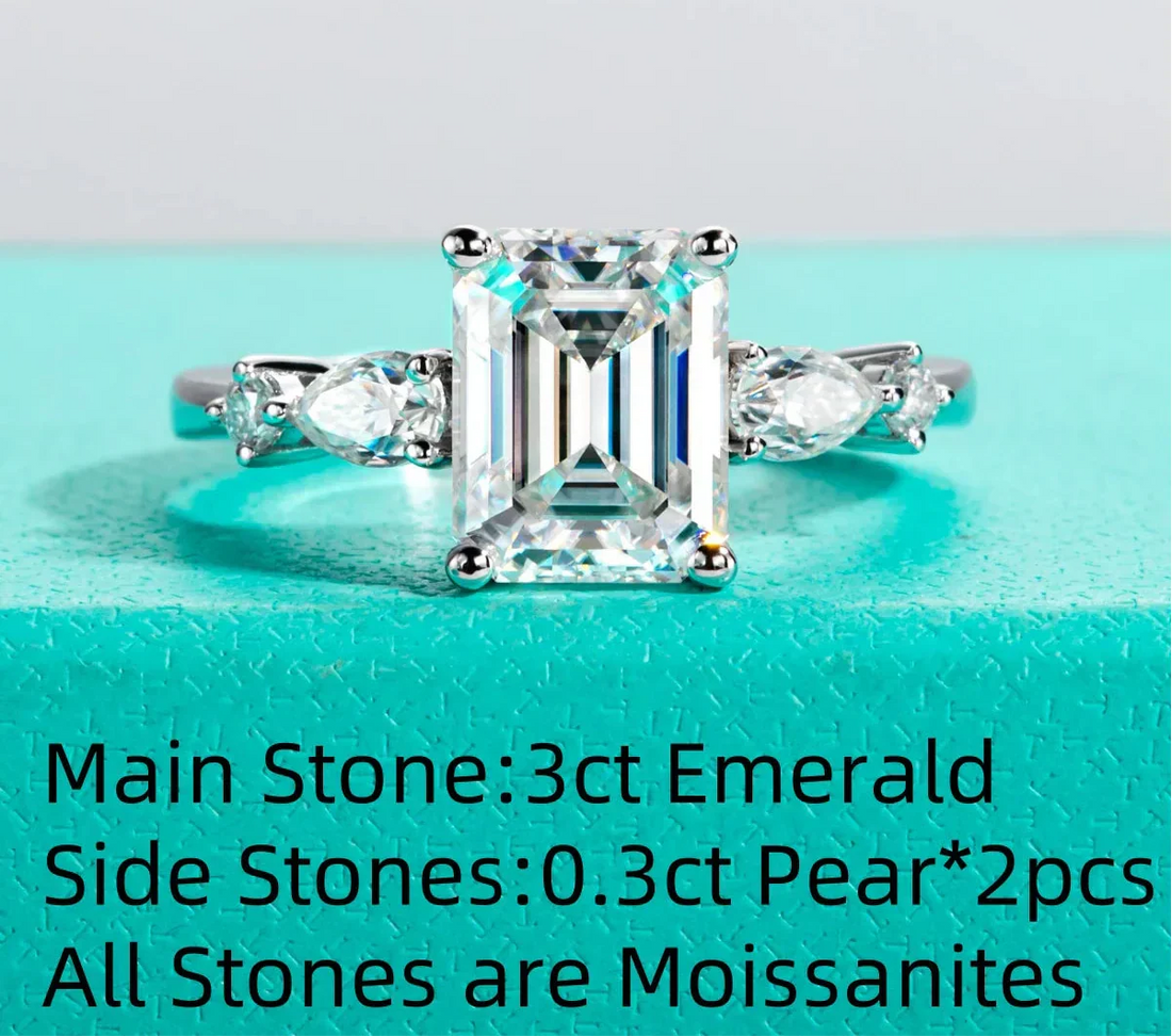 3CT Emerald Cut & 0.3CT Pear Cut Moissanite Engagement