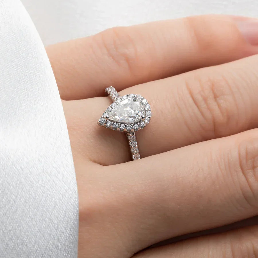 1CT Pear Cut Moissanite Halo Engagement Wedding Ring