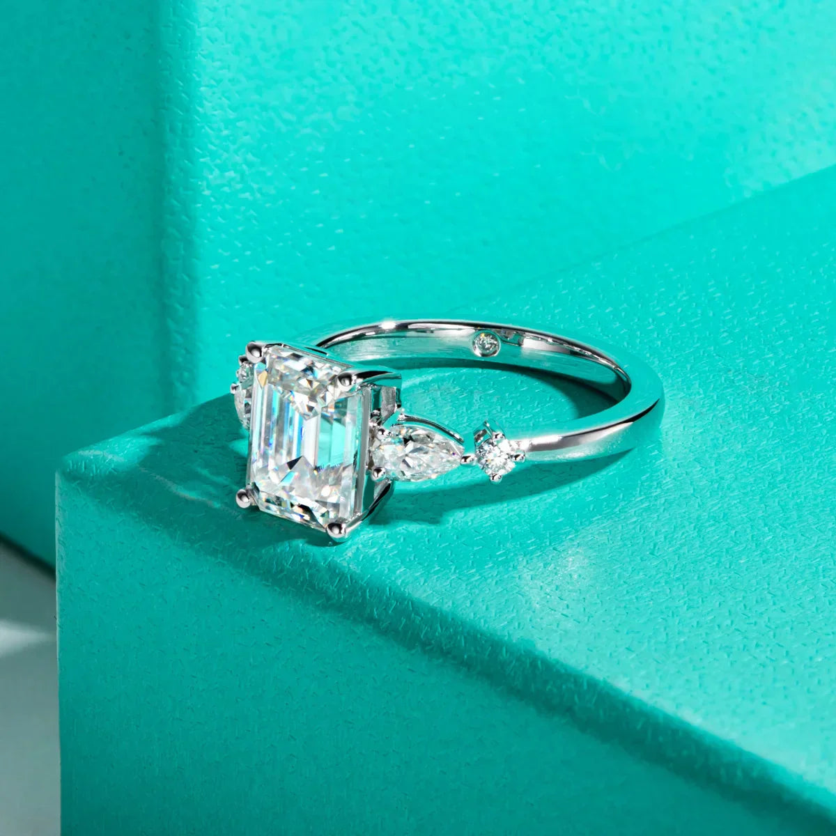 3CT Emerald Cut & 0.3CT Pear Cut Moissanite Engagement