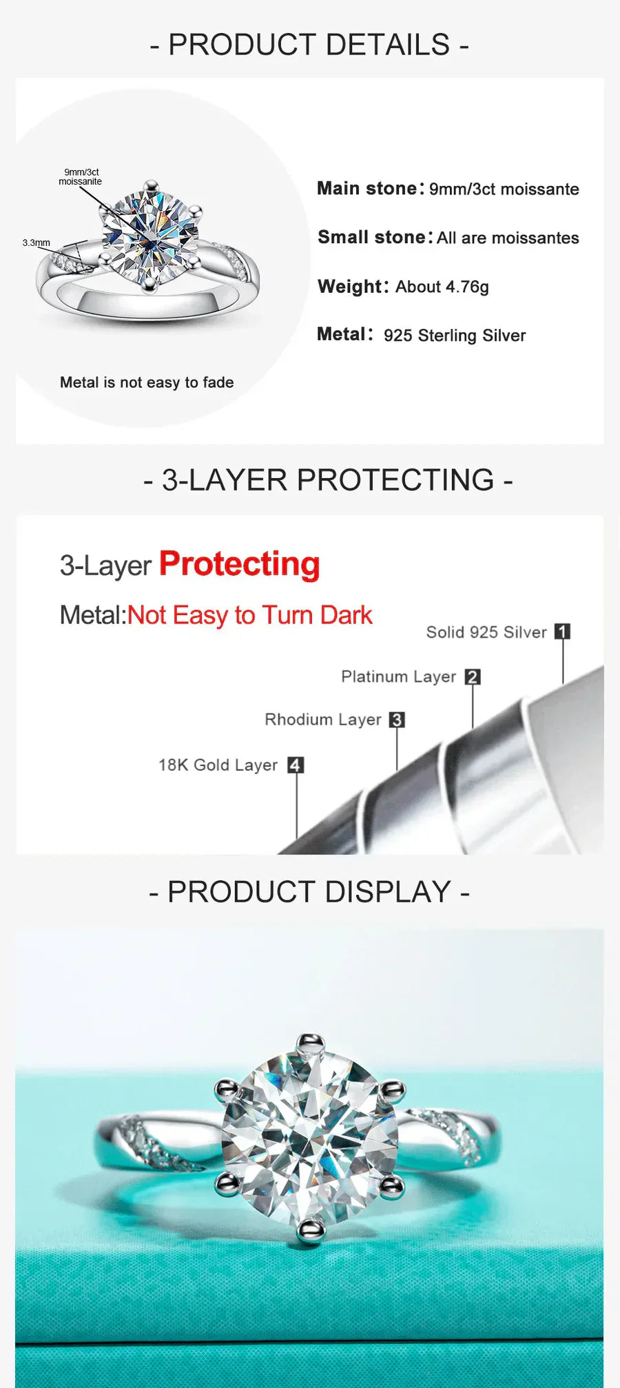 3 CT Round Cut D Color Moissanite Engagement Ring