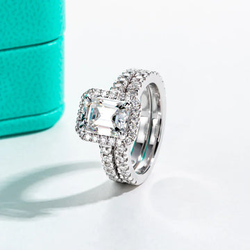 3CT Emerald Cut Moissanite Halo Bridal Ring Set