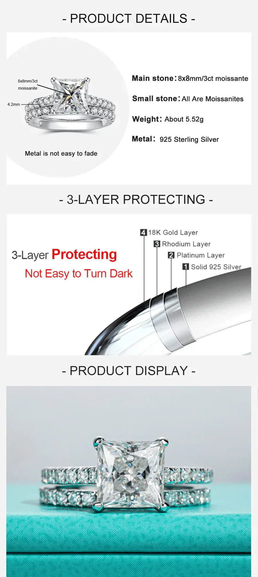 3CT Princess Cut D Color Moissanite Engagement Bridal Set