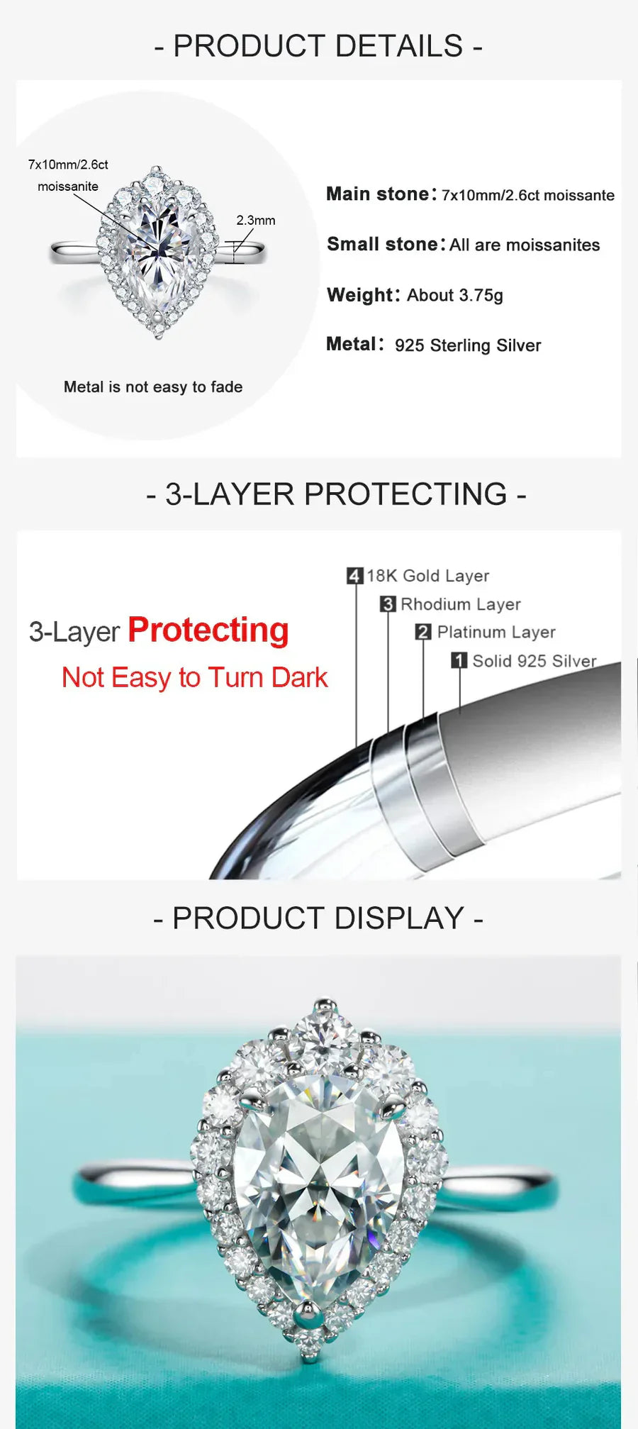 2.6CT Pear Cut D Color Moissanite Halo Engagement Ring