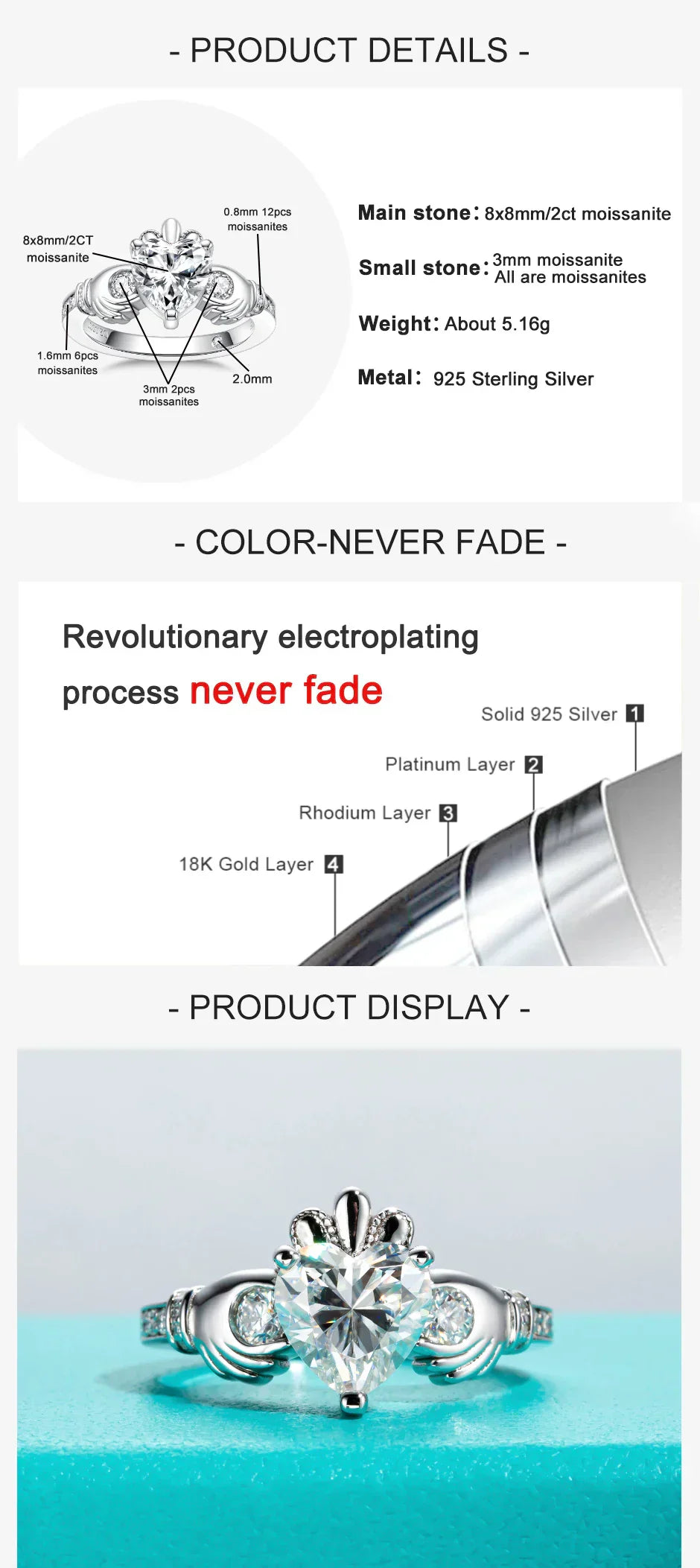 2 CT Heart Cut Moissanite Claddagh Irish Ring